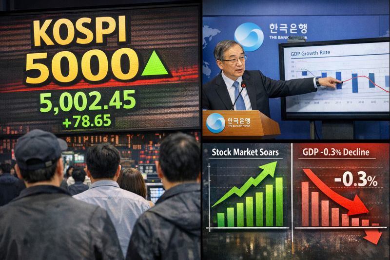 1월 21일 증시 혼조… 코스피 5,000 돌파, 실물경제는 역성장 경고음